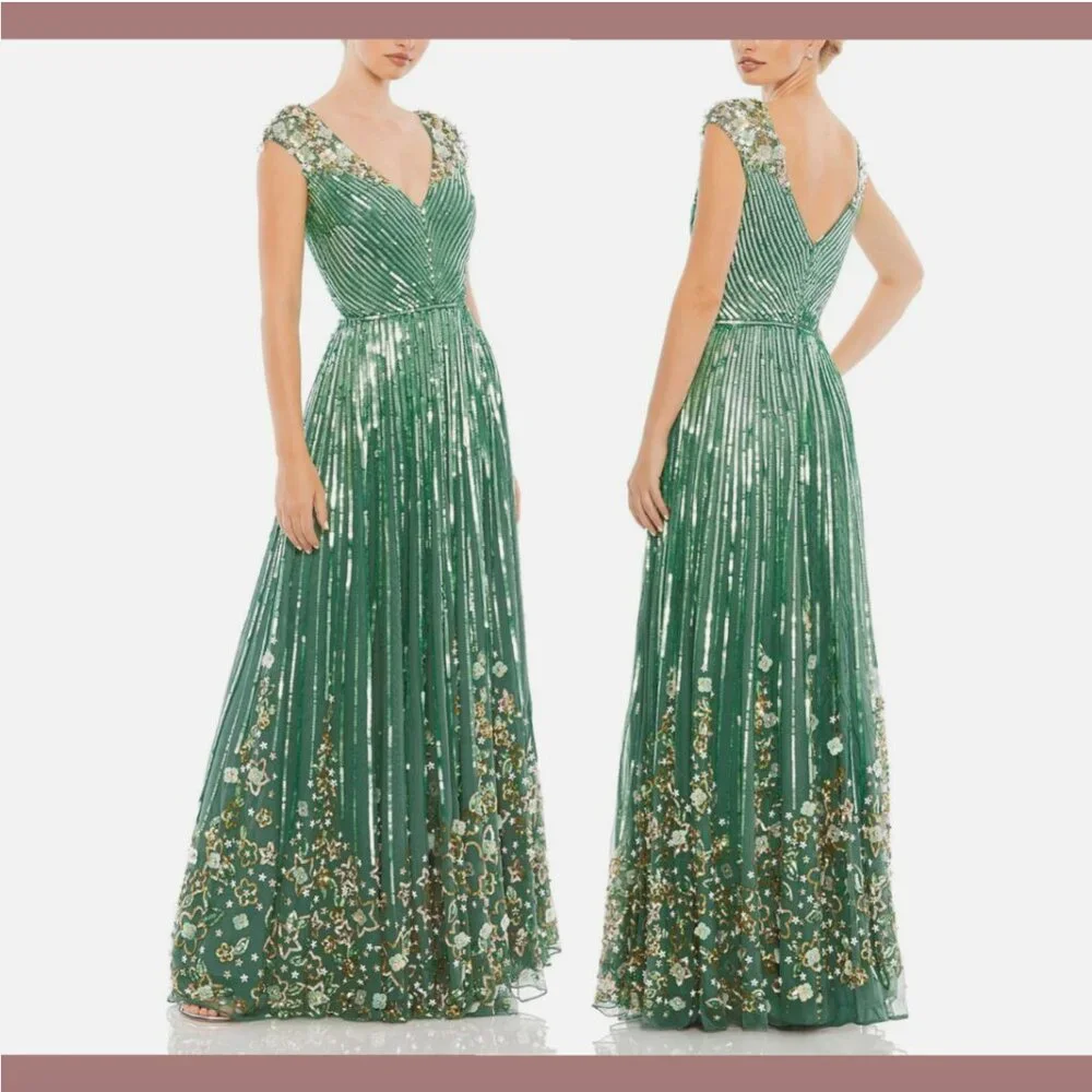 NWT$798 Mac Duggal [ 8 ] Sequin Floral Embellished‎ Evening Gown Sage Green Q728 - Picture 2 of 16